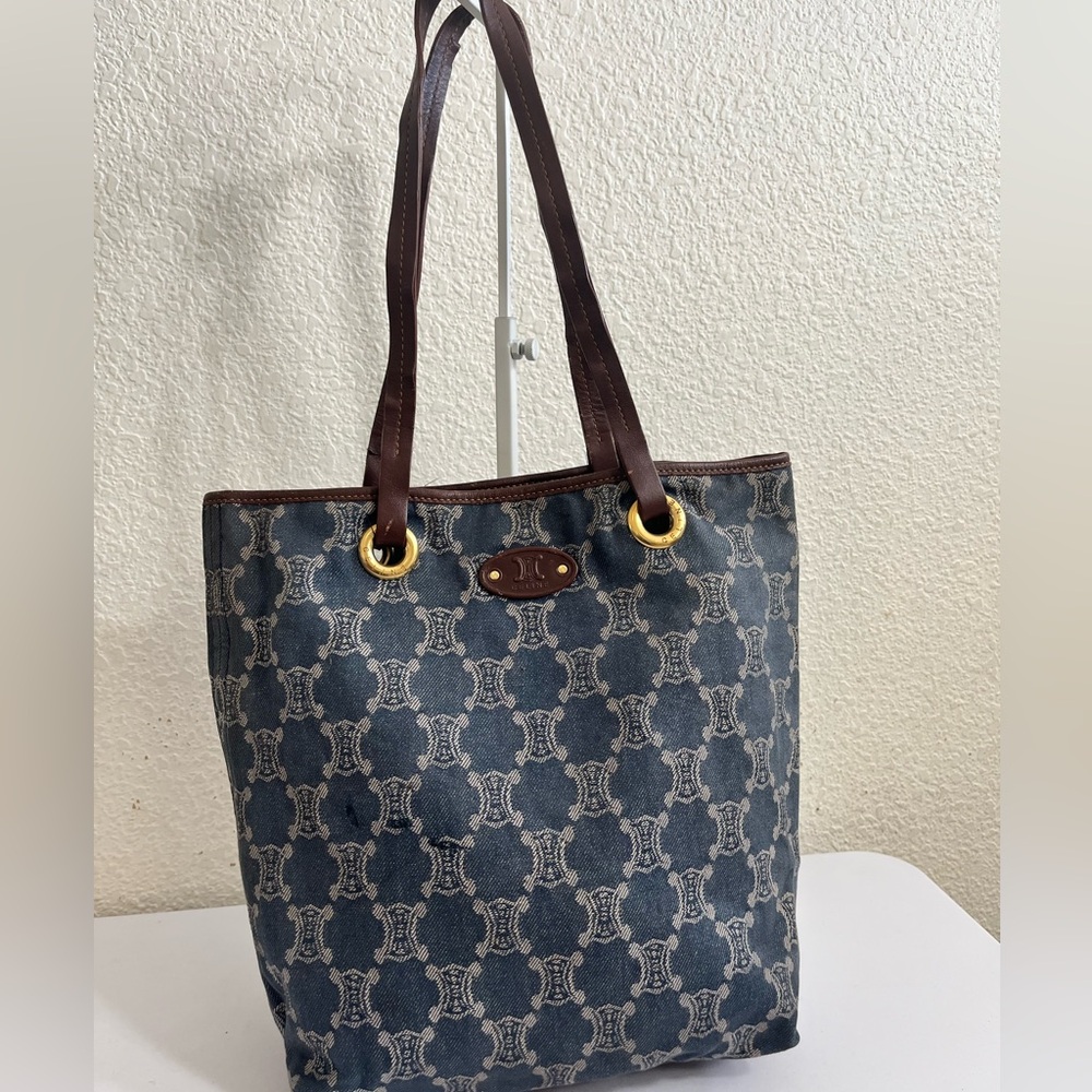 Blue Patterned Tote Bag with Brown Trim